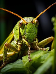 Fototapeta premium A green and yellow katydid sits on a leaf, looking at the camera.