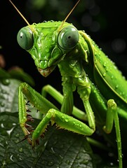 A green praying mantis with water droplets on its body is perched on a leaf.