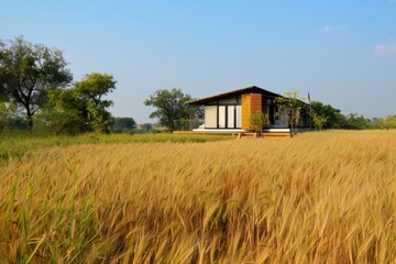 Obraz premium Envision a peaceful retreat amidst the endless expanse of a wheat field, where you can escape the hustle and bustle of everyday life, Generative AI