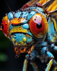 A macro photo of a dragonfly's face with water droplets on its compound eyes