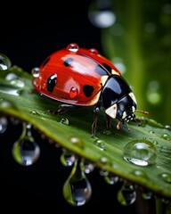 Obraz premium A ladybug sits on a blade of grass. Raindrops cling to the ladybug's back and to the grass.