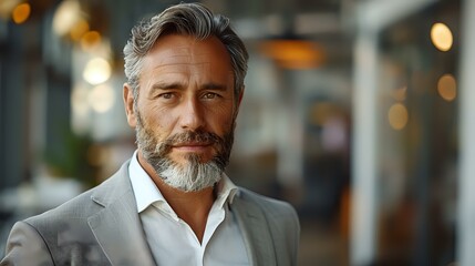 Fototapeta premium Corporate Professional with a Relaxed but Assured Vibe in Stylish Gray Suit