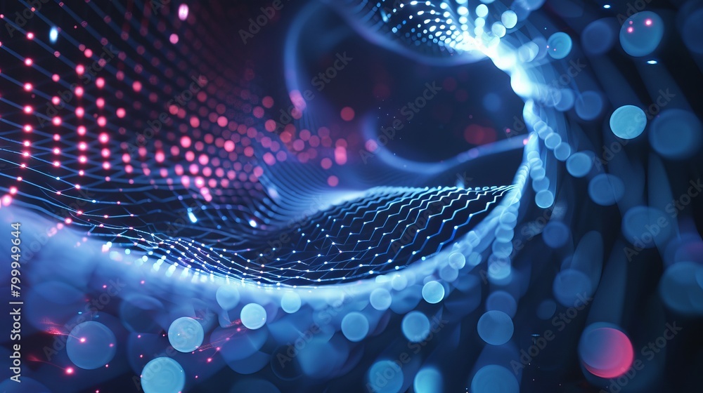 Poster dynamic particle infused abstract background: vibrant circular grid pattern - 3d vector illustration