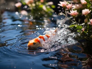 Splashing Koi Fish in Pond