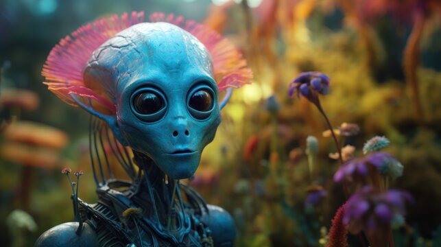 Curious alien creature in a colorful fantasy landscape