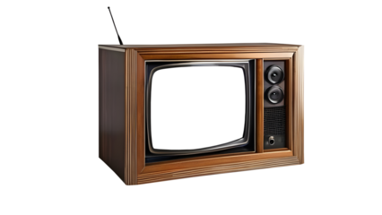 Vintage wooden TV box with cut-out frame screen, perfect for retro designs. Transparent background.