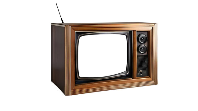 Vintage wooden TV box with cut-out frame screen, perfect for retro designs. Transparent background.