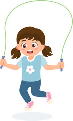 Little girl playing jumping rope or skipping rope. Cute kids doing outdoor activity. Sport and recreation for exercise in children concept. Flat style.