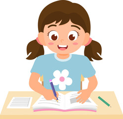 Child practice her hand writing skill on a worksheet book. Concept for learning and education.