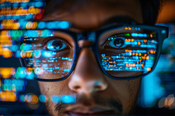 Close-up of a man wearing glasses with screen data reflected in the lenses at night
