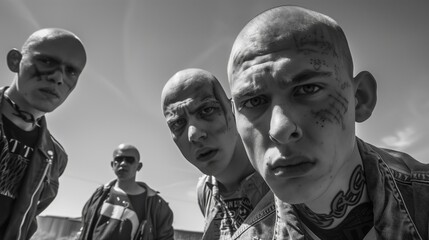 Dramatic black and white portrait of four bald men with intense facial tattoos, staring resolutely.