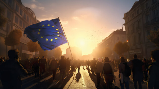 Woman holds the European Union flag in her hand at a demonstration for accession and membership, peace, freedom and democracy. Joining the EU. - Powered by Adobe