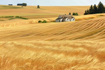Obraz premium Picture a lone farmhouse nestled in the heart of a sprawling wheat field, surrounded by rows of golden stalks swaying in the breeze, Generative AI