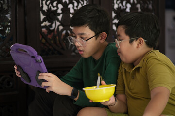 Two little young brothers sitting together, discussing computer game