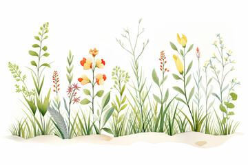 flora, tundra plants. cartoon drawing, water color style.