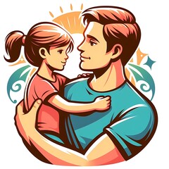 Illustration of father with his little daughter on expedition. Concept of Father's day, fathers love, relationships between dad and child.