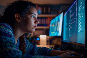 Highlighting a woman's portrait as she intensely focuses on coding, the image conveys a tech-savvy and dedicated professional programmer in her element