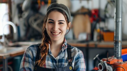 A smiling young female mechanic wearing a cap and overalls in a cluttered workshop. - Powered by Adobe