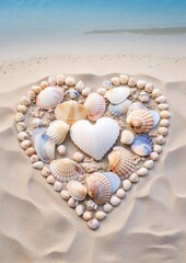 Heart-shaped seashell arrangement on sandy beach