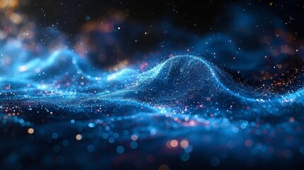 Obraz premium Abstract blue particle waves with bokeh lights