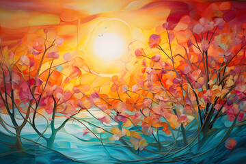 Blissful Sunshine Haven, abstract landscape art, painting background, wallpaper, generative ai - obrazy, fototapety, plakaty
