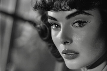 Naklejka premium Portrait of lovely pretty young woman in black white style from 1980s generative AI