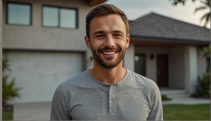 caucasian guy smiling looking at camera portrait with modern luxury house background from Generative AI
