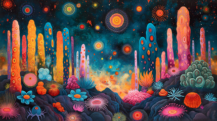 Alien Universe, Retro Vintage Postcard. Magic Forest, Vibrant Psychedelic Art, Surreal Dream, Fairy Tale Illustration. Science Fiction,Trance Trip Soul Music, Enlightenment. Print, Poster, Album Cover