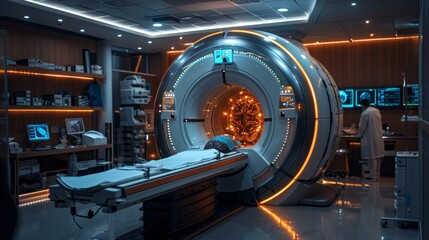 A magnetic resonance imaging (MRI) machine scanning a human brain for medical diagnosis,Scanner focused on subject - obrazy, fototapety, plakaty