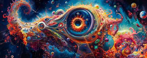 Cosmic Being, Consciousness, Serene state of Mind, Meditation, Enlightenment. Vibrant Psychedelic Art, Neon Glow Drawing. New Age Soul Punk Alternative Trance Music Album Cover, Postcard, Poster