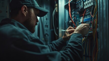 Obraz premium electrician man repairing wiring worker