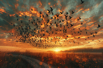 A flock of starlings swirling in the sky at dusk, creating mesmerizing patterns as they prepare to roost for the night.