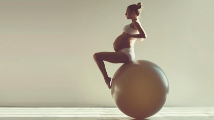 Pregnant woman in sportswear balancing on a fitness ball in a bright room.