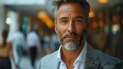 Fototapeta premium Distinguished Businessman Radiating Success and Accessibility in Gray Suit
