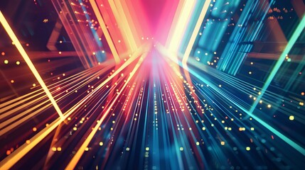 Obraz premium Futuristic abstract portal tunnel with vibrant neon waves and glare lights in pink, blue, and green. Dynamic data transfer concept in science style. High-speed motion illustration