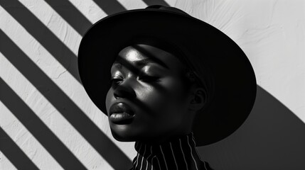 Artistic black and white portrait of an African woman with striking shadow patterns.