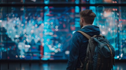 Fototapeta premium Solo Traveler Contemplating Airport Flight Schedule