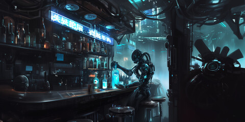 robot sitting on a stool at an empty bar, opening a bottle that contains a glowing light blue liquid, wide 16:9