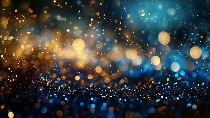 Vibrant abstract glitter lights background: blue, gold, and black defocused bokeh effect - festive celebration banner or party theme