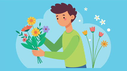 A teenager enthusiastically arranging a bouquet of wildflowers discovering a new hobby that brings him peace and satisfaction..