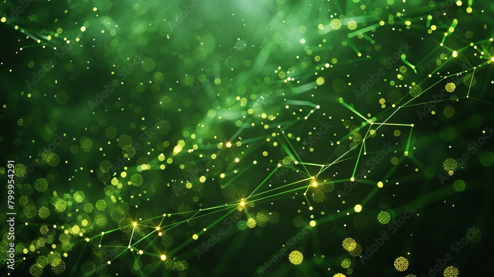 Poster vibrant green abstract background with dynamic lines and dots - big data, technology, and science co