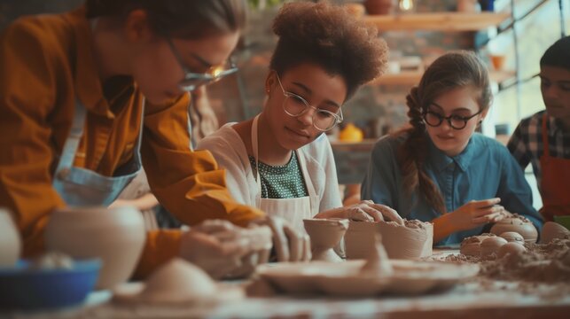 Focused diverse young students engaging in a pottery class workshop with clay and tools around.