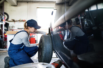 Female auto mechanic changing tieres in auto service. Beautiful woman kneeling by wheel in a...