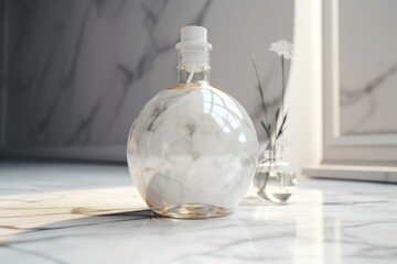  Elegant marble-patterned glass bottle on white modern surface, sunlit; ideal for luxury branding, minimalist ads. Neutral tones.