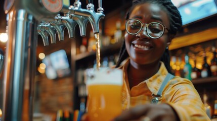 Cheerful Black female bartender pouring a beer at a bar, with taps and shelves of liquor in the background.