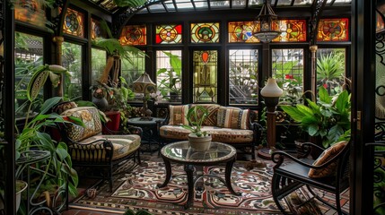 Art Nouveau-inspired botanical garden conservatory with stained glass windows, wrought iron...