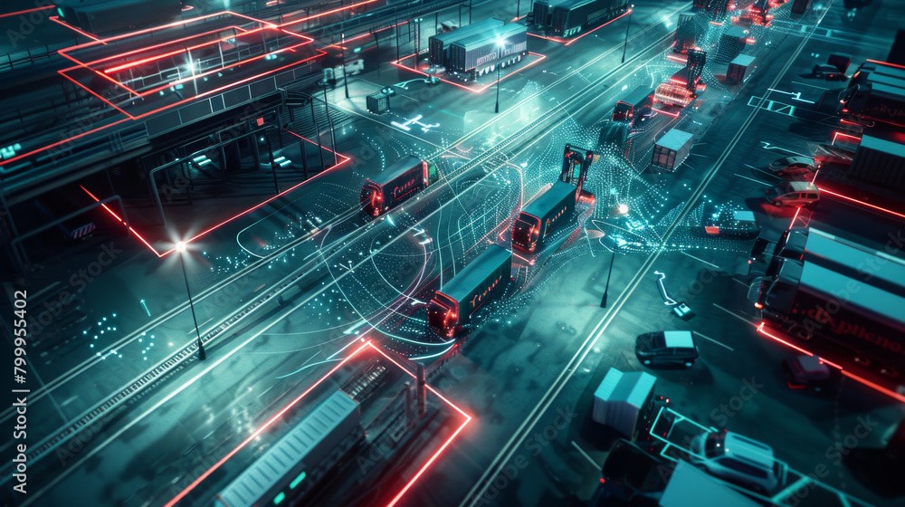 Poster Advanced smart city concept with dynamic traffic flow and connectivity data visualization at night. Futuristic Smart City Traffic System Visualization

