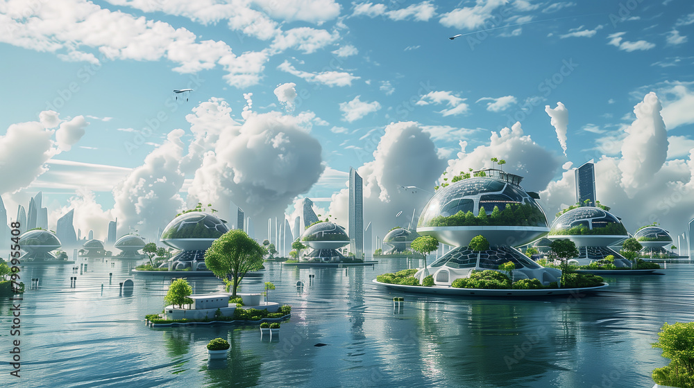 Poster a network of interconnected floating cities powered by renewable energy and sustained by vertical fa
