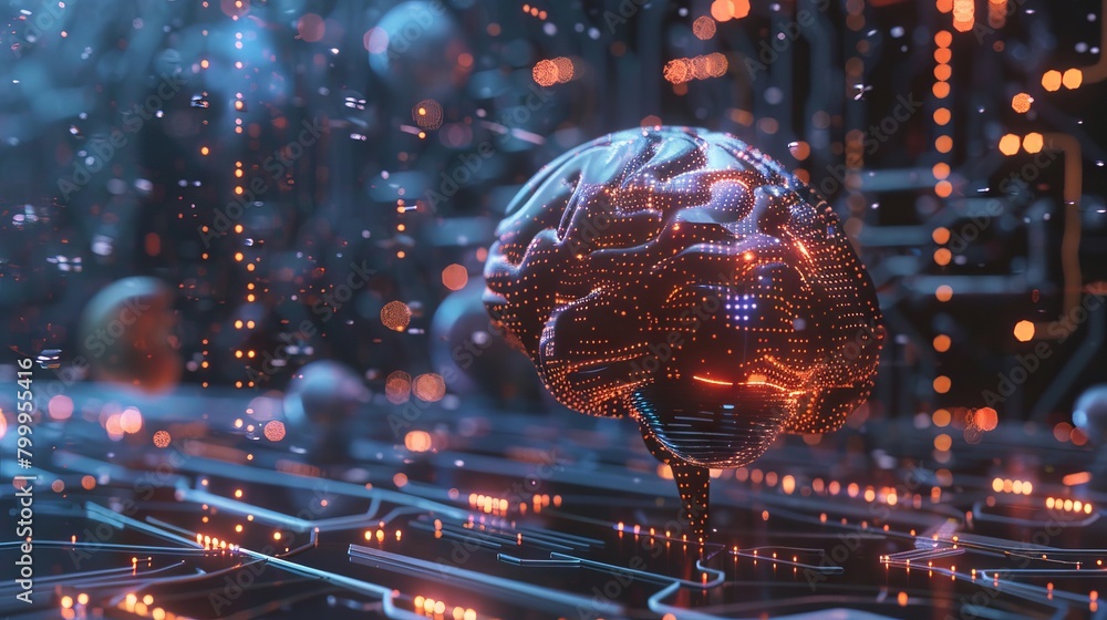 Aufkleber vibrant 3d render: artificial intelligence digital brain background concept with glowing neural netw