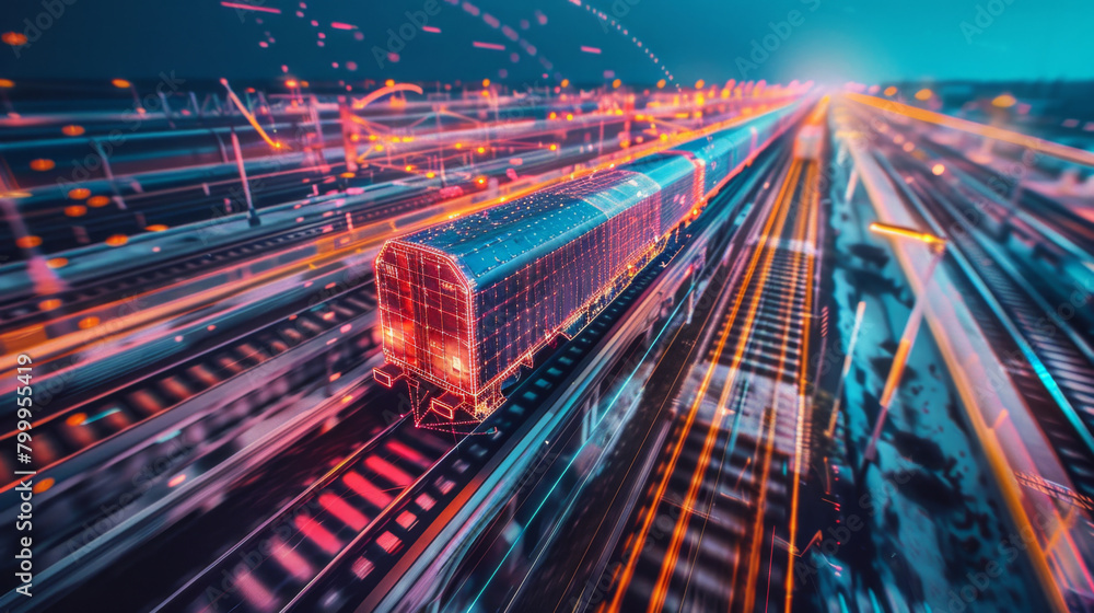 Poster digital representation of a high-speed train in motion, with dynamic light trails on a futuristic ra